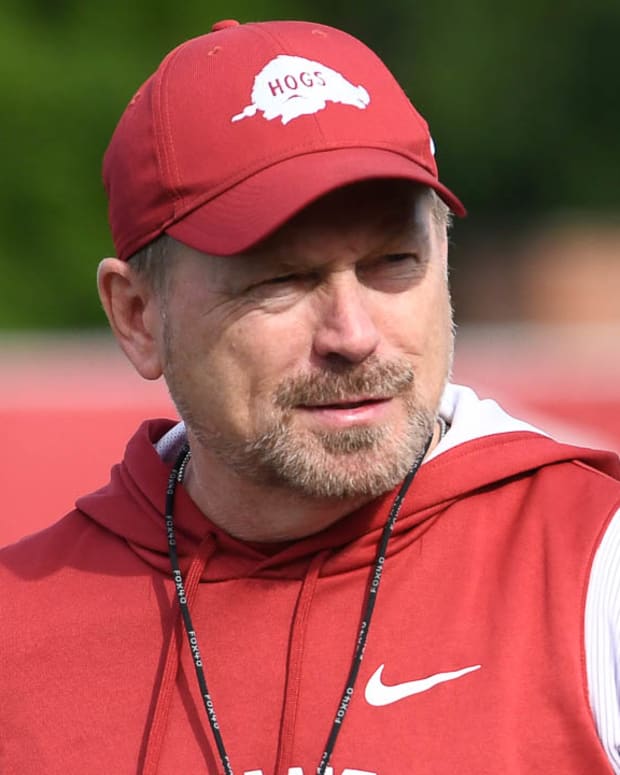 Razorbacks special teams coach Scott Fountain at practice Sunday morning